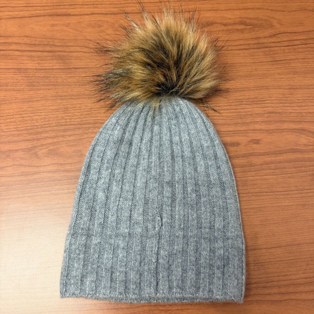 Quince 100% Cashmere Gray Pom Pom Beanie One Size Rib Knit Winter Hat
